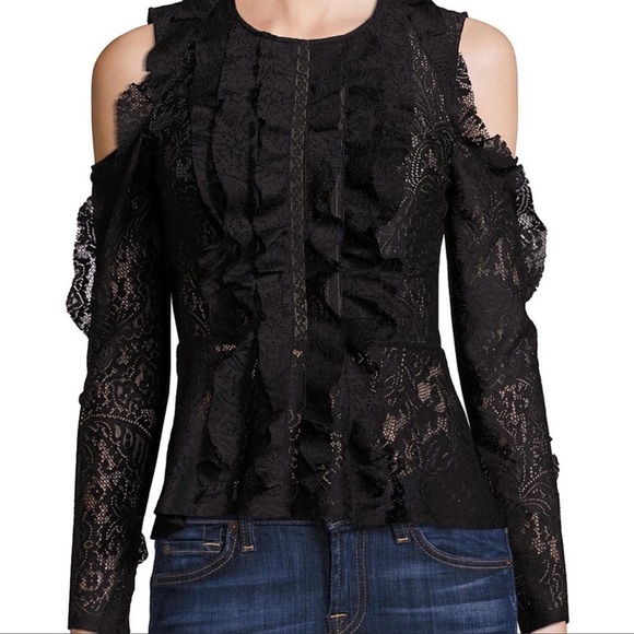 BCBGMaxAzria Tops - BCBGMaxazria Maddy Cold Shoulder Lace Ruffle Peplum Top Black M
